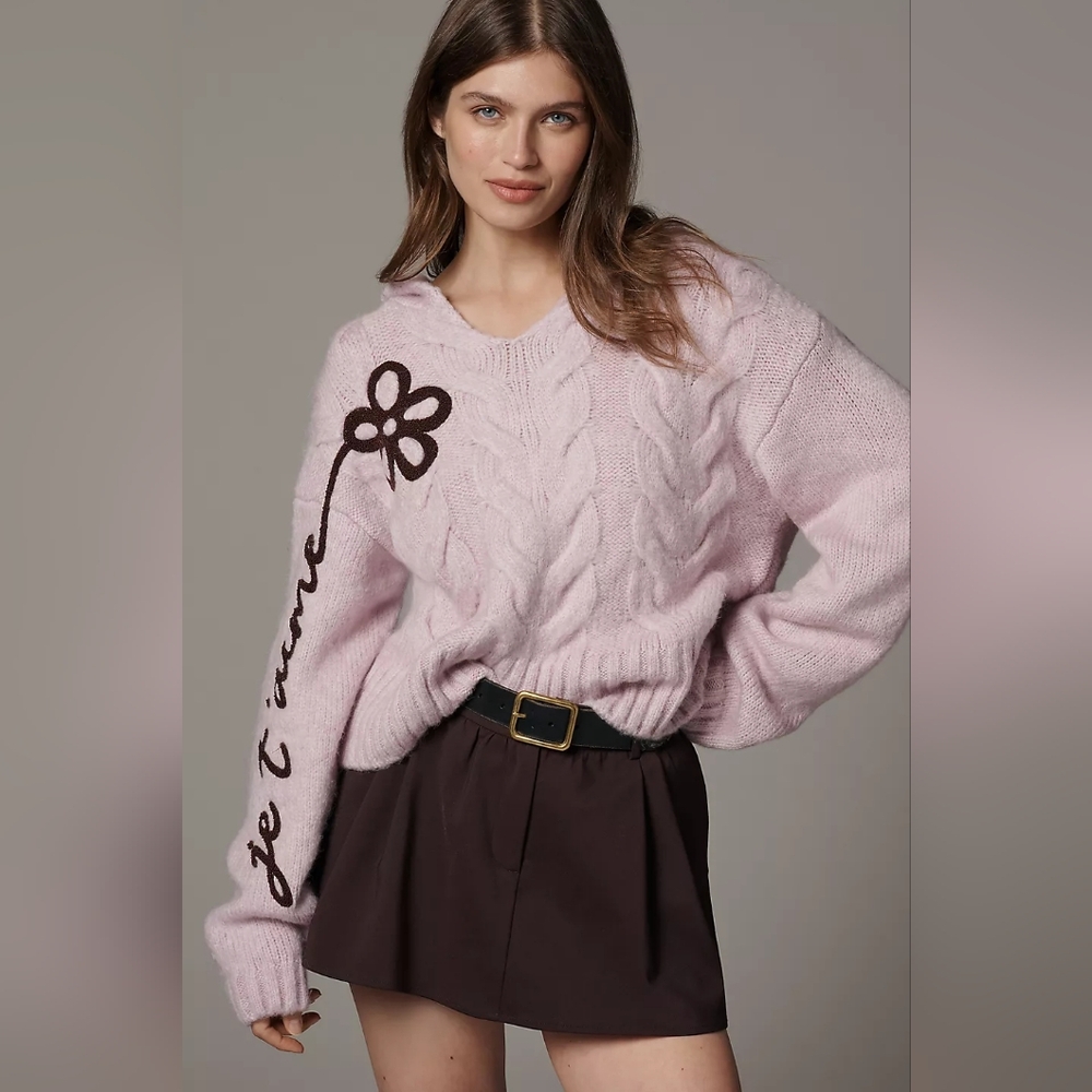 Anthropologie Maeve Embroidered Flower Hooded Cable-Knit Sweater